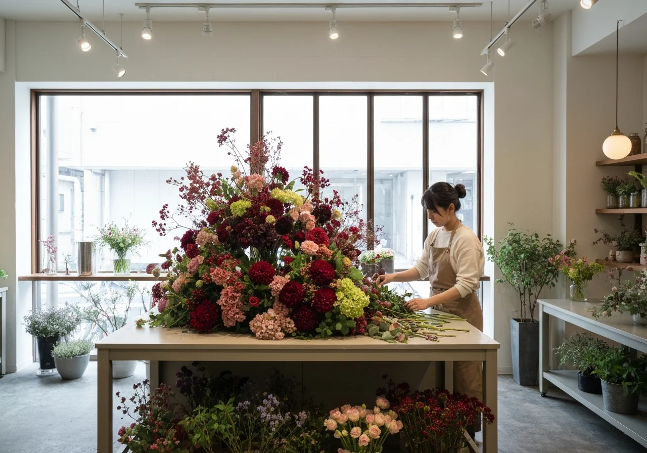 A display of flowers and plants arranged on a platform for product photography